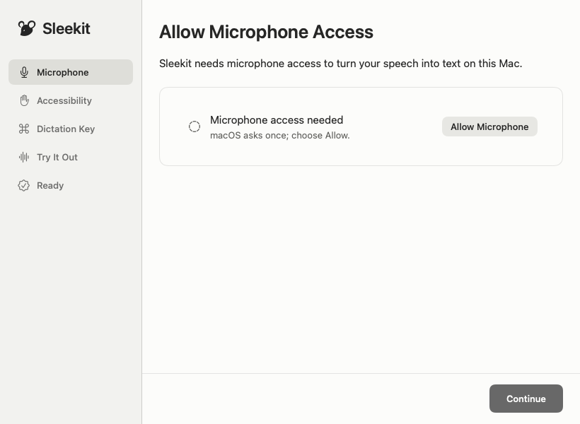 Sleekit setup, starting with microphone permission
